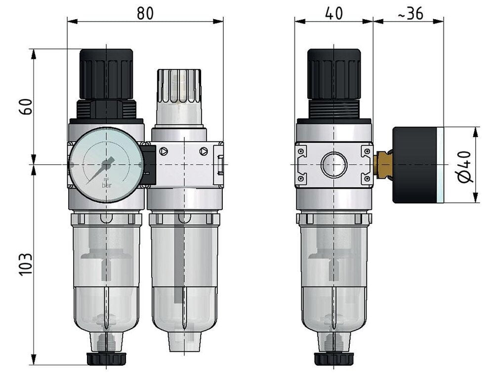 FRL 2-Part G1/8'' 700 l/min 0.2-6.0bar/3-87psi Auto (Closed Without Pressure) 40 mm Pressure Gauge Polycarbonate Multifix 0