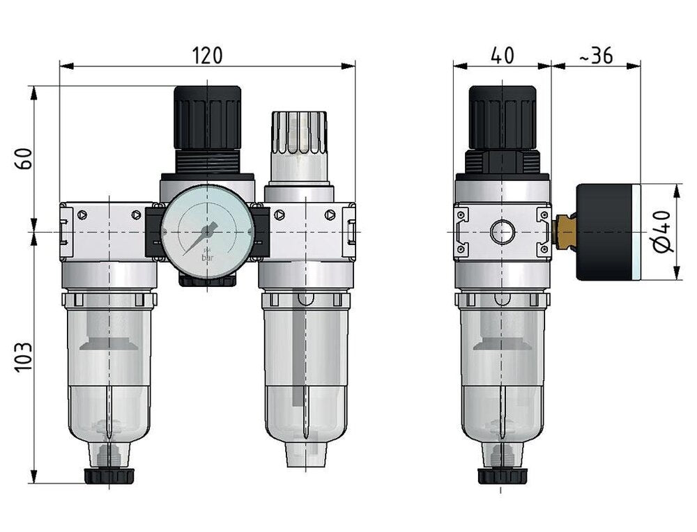 FRL 3-Part G1/4'' 750 l/min 0.2-6.0bar/3-87psi Auto (Closed Without Pressure) 40 mm Pressure Gauge Polycarbonate Multifix 0