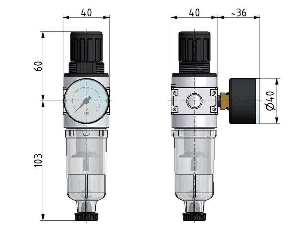 Filter-Regulator G1/4'' 1450 l/min 0.5-10.0bar/7-145psi Auto (Closed Without Pressure) 40 mm Pressure Gauge Polycarbonate Multifix 0