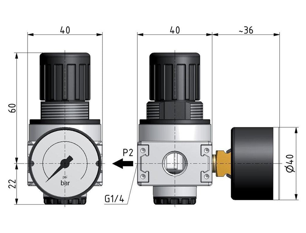 Régulateur de pression pour assemblage de collecteur G1/4'' 1450l/min 0.2-6.0bar/3-87psi en fonte de zinc 40 mm Manomètre Multifix 0