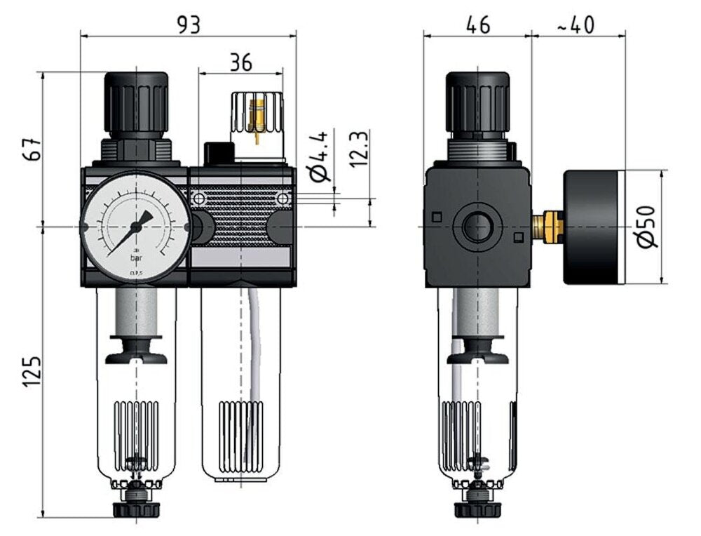 FRL 2-Part G3/8'' 1200 l/min 0.5-10.0bar/7-145psi Semi-Auto Polycarbonate Multifix 1