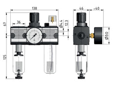 FRL 3 Parties G1/4'' 1200l/min 0.5-10.0bar/7-145psi Semi-Auto Métal Sans Tube d'Inspection Multifix 1
