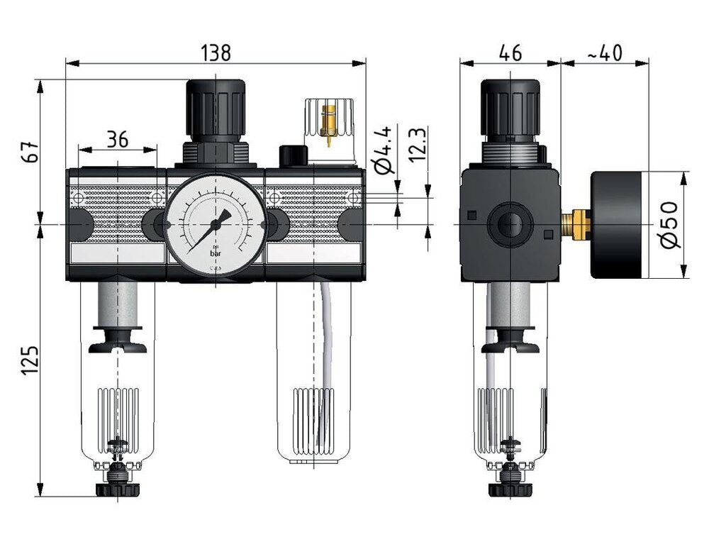 FRL 3-Part G1/4'' 1200 l/min 0.1-3.0bar/1-44psi Semi-Auto Polycarbonate Multifix 1