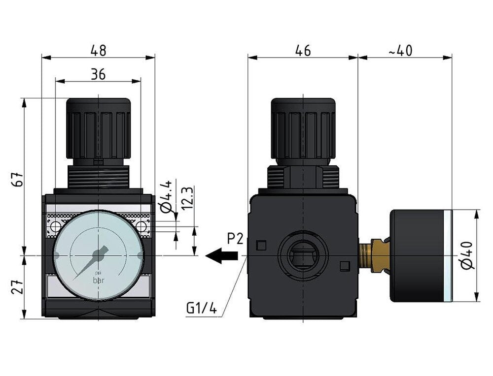 Régulateur de pression pour assemblage de collecteur G1/4'' 2250l/min 0.1-3.0bar/1-44psi en fonte de zinc avec manomètre de 40 mm Multifix 1