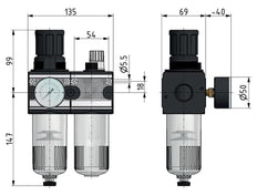 FRL 2 Parties G1/2'' 5800l/min 0.5-10.0bar/7-145psi Cage de Protection Automatique Polycarbonate Multifix 2