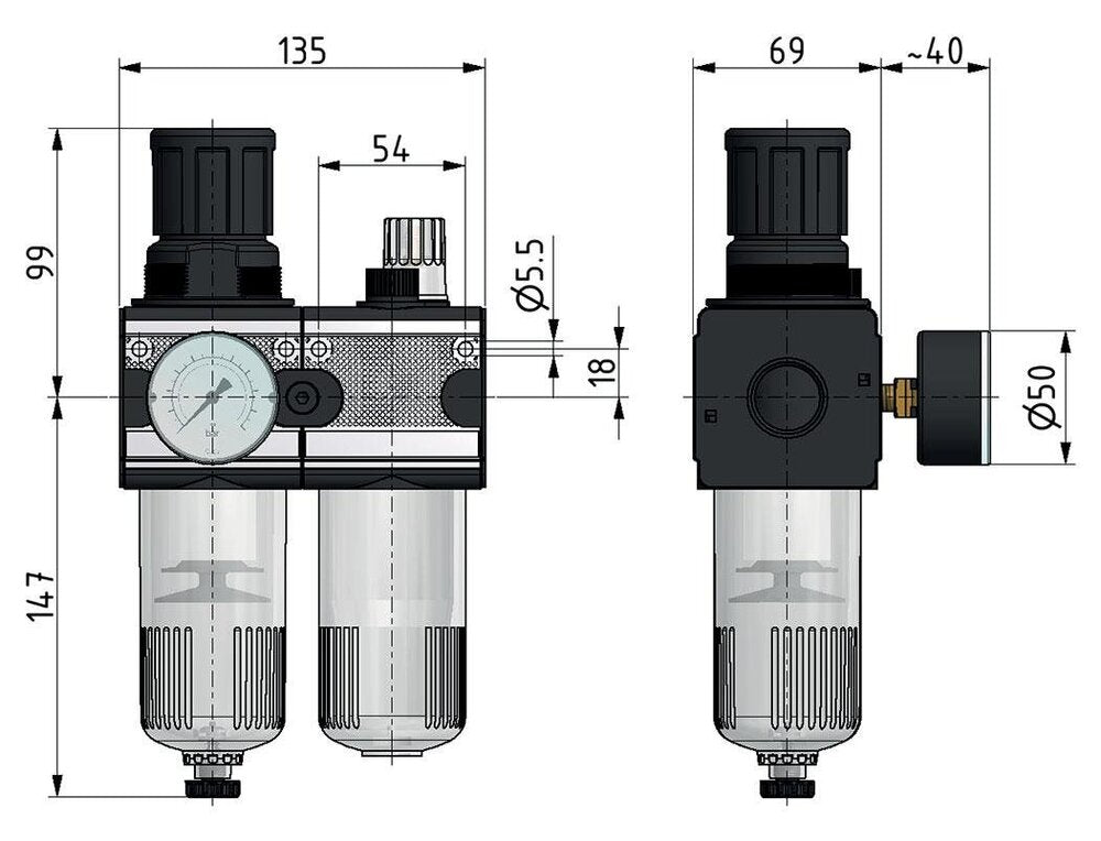 FRL 2-Part G3/4'' 5800 l/min 0.5-16.0bar/7-232psi Auto Polycarbonate Multifix 2