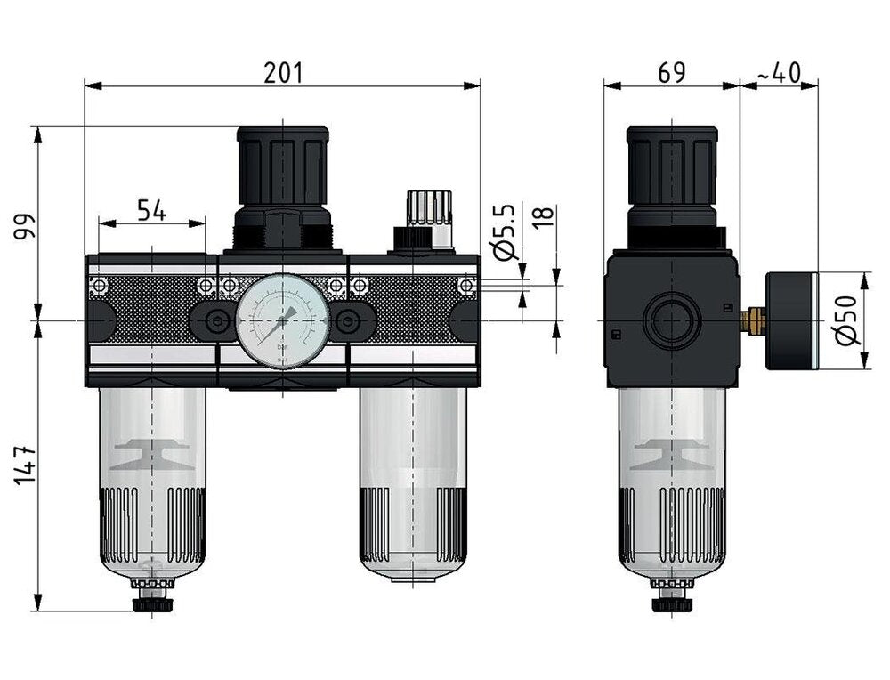 FRL 3-Part G3/4'' 5800 l/min 0.5-10.0bar/7-145psi Semi-Auto Protective Cage Polycarbonate Multifix 2