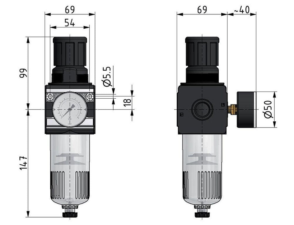 Filter-Regulator G1/2'' 6700 l/min 0.2-6.0bar/3-87psi Semi-Auto Cylinder Lock Polycarbonate Multifix 2
