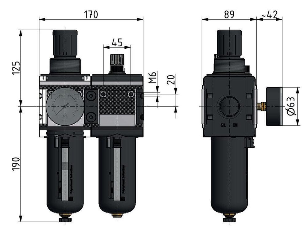 FRL 2-Part G3/4'' 12000 l/min 0.5-16.0bar/7-232psi Semi-Auto Polycarbonate Multifix 4