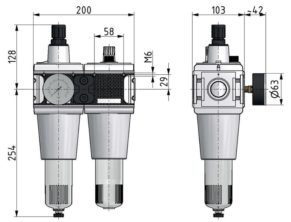 FRL 2-Part G3/4'' 13500 l/min 0.1-3.0bar/1-44psi Semi-Auto Polycarbonate Multifix 5