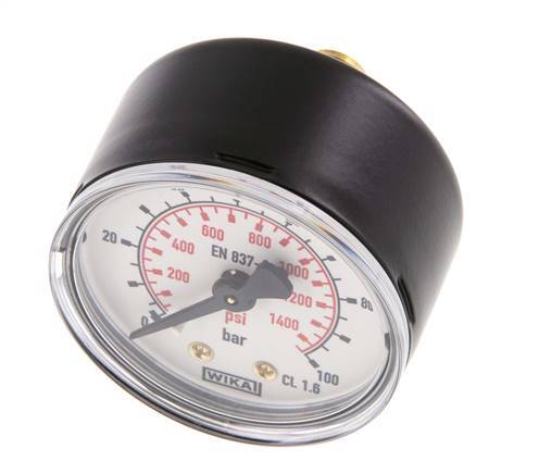 0..100 Bar (0..1450 psi) Pressure Gauge Rear Steel/Brass 50 mm Class 1.6