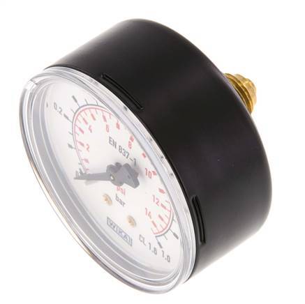 0..1 Bar (0..15 psi) Pressure Gauge Rear Steel/Brass 63 mm Class 1.6