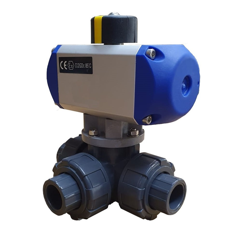 G1-1/4 inch L-bore 3-Way PVC Pneumatic Ball Valve Double Acting PTFE
