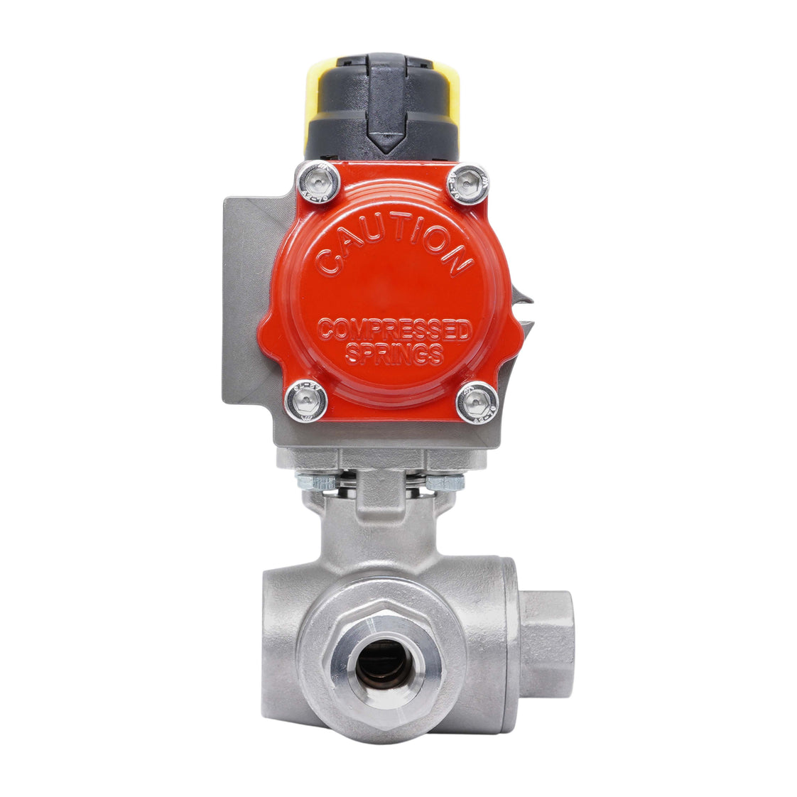 Rp 2'' Vanne à Bille 3 Voies L-Port en Acier Inoxydable avec Actionneur Pneumatique à Rappel par Ressort, Normalement Ouverte