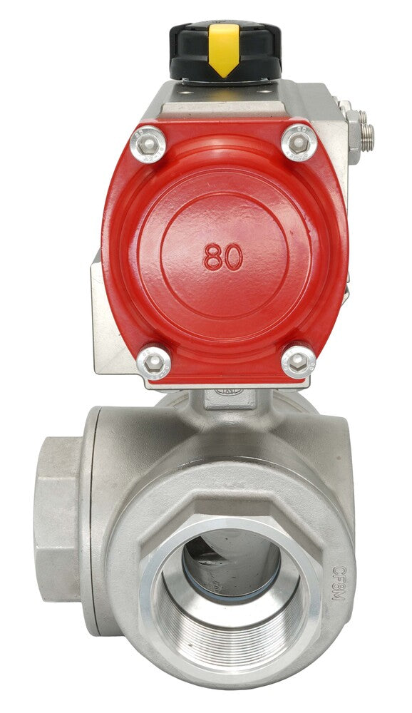 3-Way Pneumatic Ball Valve G1 1/4'' L-bore Brass Spring Opening