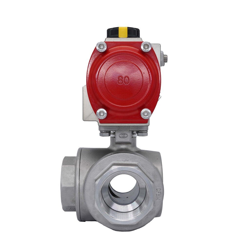 3-Way Pneumatic Ball Valve G4'' T-bore Stainless Steel Double Acting