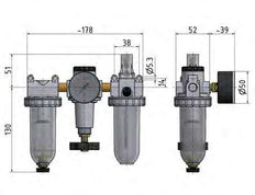 FRL 3-Part G1/4'' 600 l/min 0.5-10.0bar/7-145psi Auto Polycarbonate Standard 1