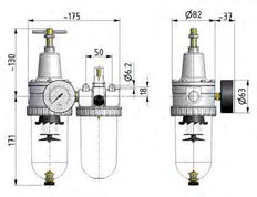 FRL G1/2'' 2100l/min 0.5-10.0bar/7-145psi Standard 3