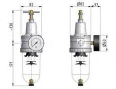 Filtre-régulateur G1/2'' 3000l/min 0.1-3.0bar/1-44psi Semi-Auto Polycarbonate Standard 3