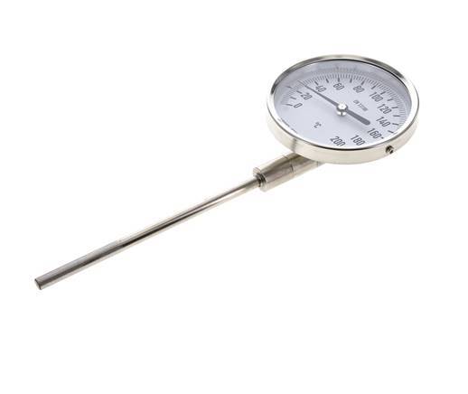 0 to +200°C Stainless Steel Bimetallic Thermometer 100mm Cabinet 160mm Stem Bottom