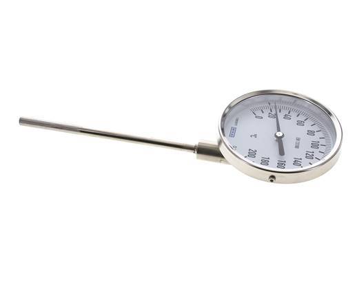 Thermomètre bimétallique en acier inoxydable 0 à +200°C Cabinet 100mm 160mm Fond de tige