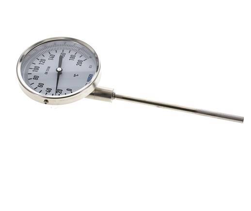 Thermomètre bimétallique en acier inoxydable 0 à +200°C Cabinet 100mm 160mm Fond de tige