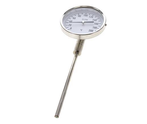 Thermomètre bimétallique en acier inoxydable 0 à +200°C Cabinet 100mm 160mm Fond de tige