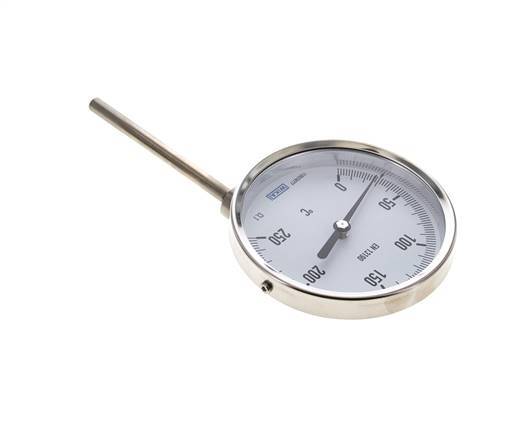 Thermomètre bimétallique en acier inoxydable 0 à +250°C Cabinet 100mm Fond de tige 100mm