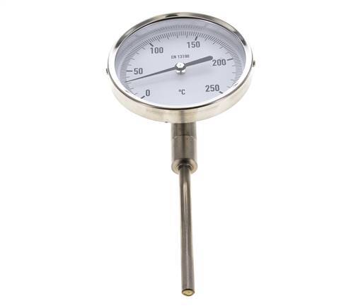 Thermomètre bimétallique en acier inoxydable 0 à +250°C Cabinet 100mm Fond de tige 100mm