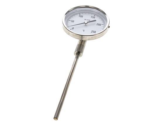 Thermomètre bimétallique en acier inoxydable 0 à +250°C Cabinet 100mm 160mm Fond de tige
