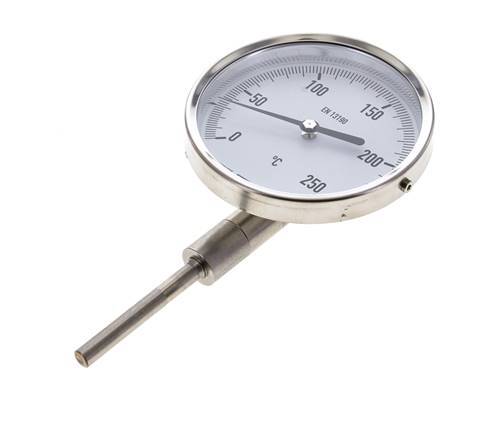 Thermomètre bimétallique en acier inoxydable de 0 à +250°C Cabinet de 100 mm Fond de tige de 63 mm