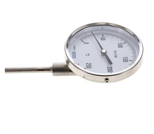 Thermomètre bimétallique en acier inoxydable de 0 à +250°C Cabinet de 100 mm Fond de tige de 63 mm