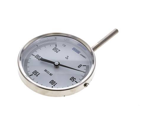 Thermomètre bimétallique en acier inoxydable de 0 à +250°C Cabinet de 100 mm Fond de tige de 63 mm