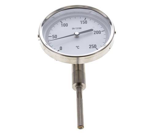 Thermomètre bimétallique en acier inoxydable de 0 à +250°C Cabinet de 100 mm Fond de tige de 63 mm