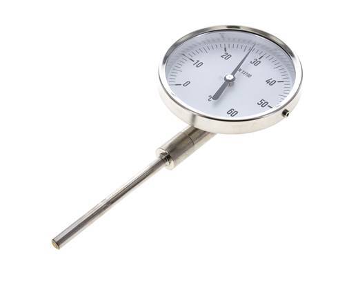 Thermomètre bimétallique en acier inoxydable 0 à +60°C Cabinet 100mm Fond de tige 100mm