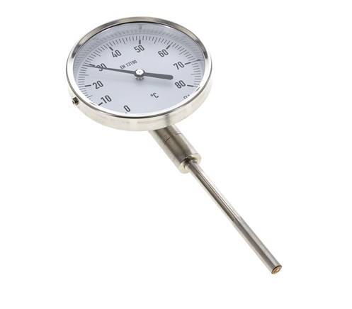 Thermomètre bimétallique en acier inoxydable 0 à +80°C Cabinet 100mm Fond de tige 100mm